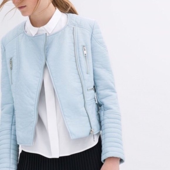 ZARA Basic Jackets & Blazers - ZARA Pastel Blue Faux Leather Motorcycle Jacket